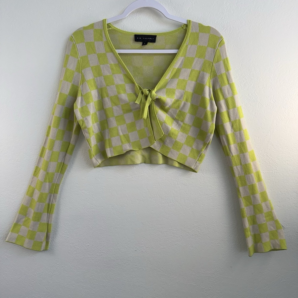 Y2K NO VACANCY Cropped Cardigan Top‎ Womens Large Green Checkered Tie Front Knit
